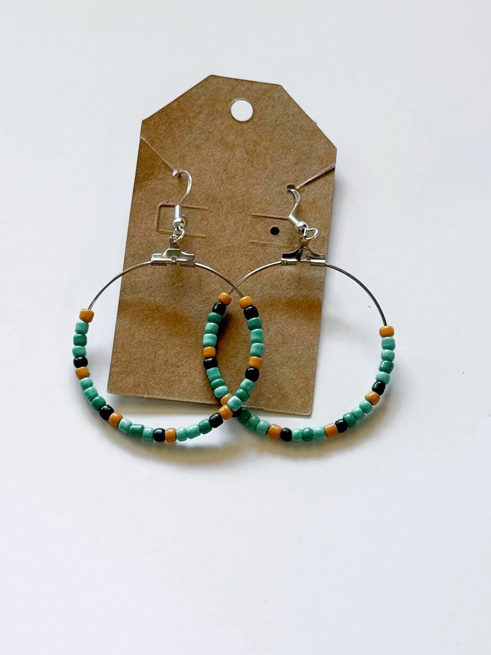 Handmade Beaded Hoop Earrings - Turquoise, Black & Orange